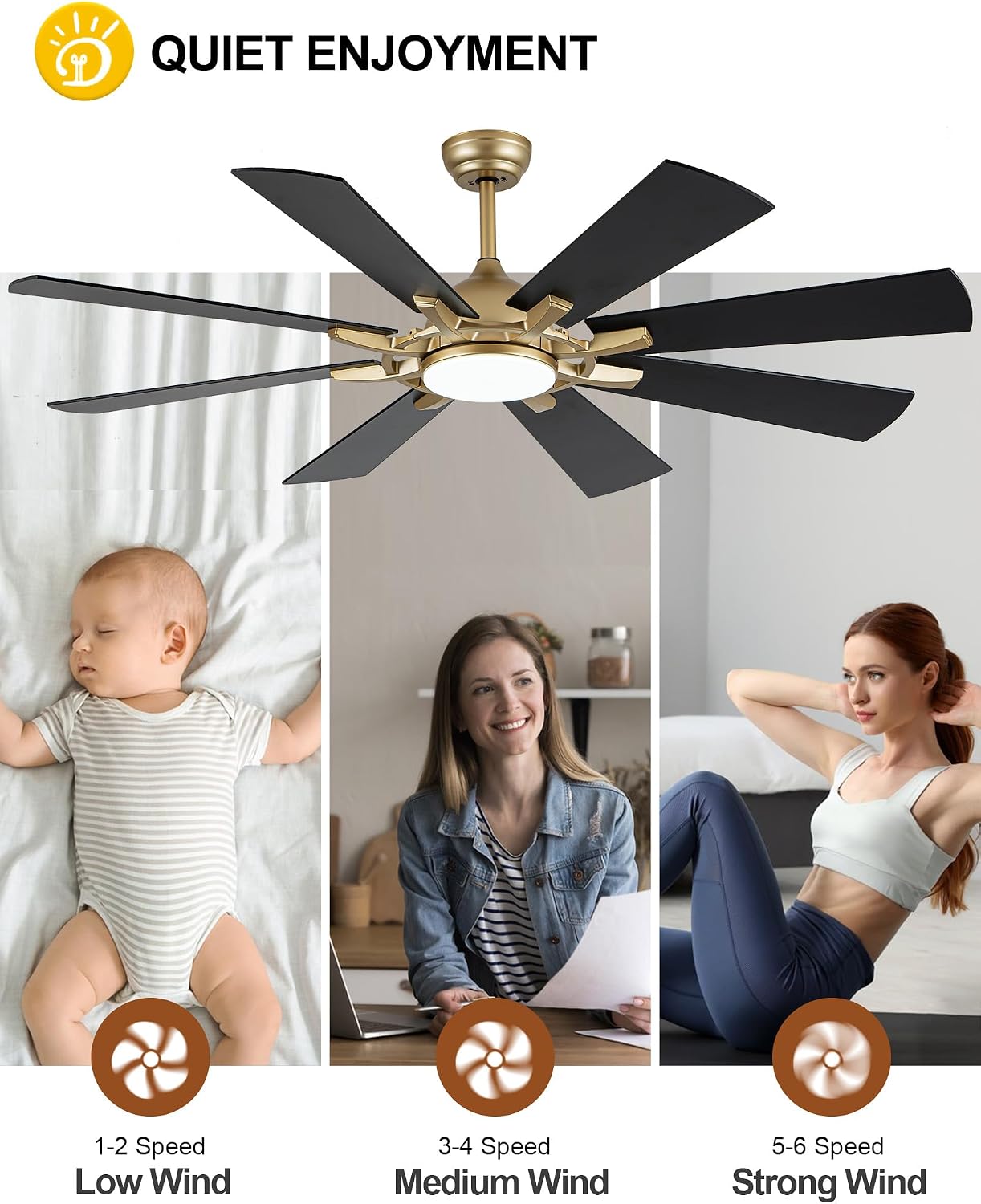 Dawn Whisper 60 Inch Black and Gold Ceiling Fans with Lights and Remote 6 Speed Reversible DC Motor Modern LED Ceiling Fans for Bedroom Living Room