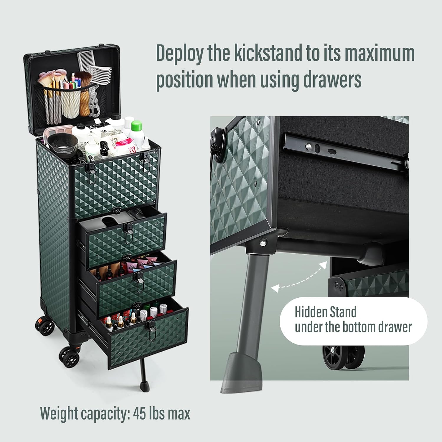 Yueieoun Nail Trolley Cart with 3 Drawers, Salon Station Cosmetology Case on Wheels Rolling Makeup Train Case Nail Case Organizer Beauty Salon Travel Case for Nailart,SPA,Hairstylist,Artist,Dark Green