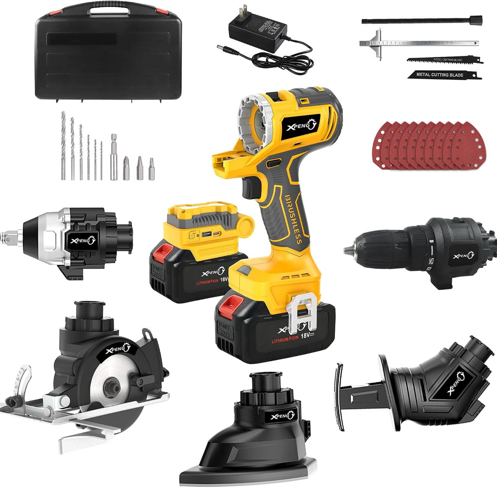 XPENG Cordless Power Tool Combo Kits 18V 6-Tool Drill Set,Circular Saw, Palm Sander, Impact Driver, Reciprocating Saw, Battery Compatible with Makita 20V Battery 2×4.0Ah Batteries and Fast Charger