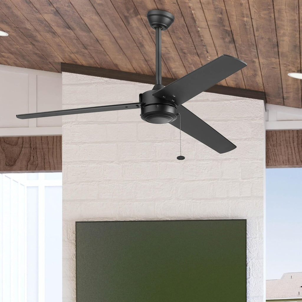 Prominence Home Tenant, 52 Inch Contemporary Indoor Outdoor LED Ceiling Fan, No Light, Pull Chain, Dual Mounting Options, 3 Dual Finish Blades, Reversible Airflow - 51866-01 (Matte Black)