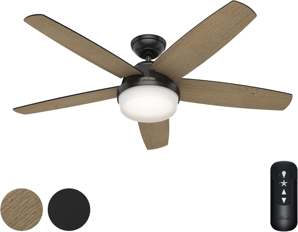 Hunter Fan 52 inch Contemporary Matte Black Indoor Ceiling Fan with Light Kit and Remote Control (Renewed)