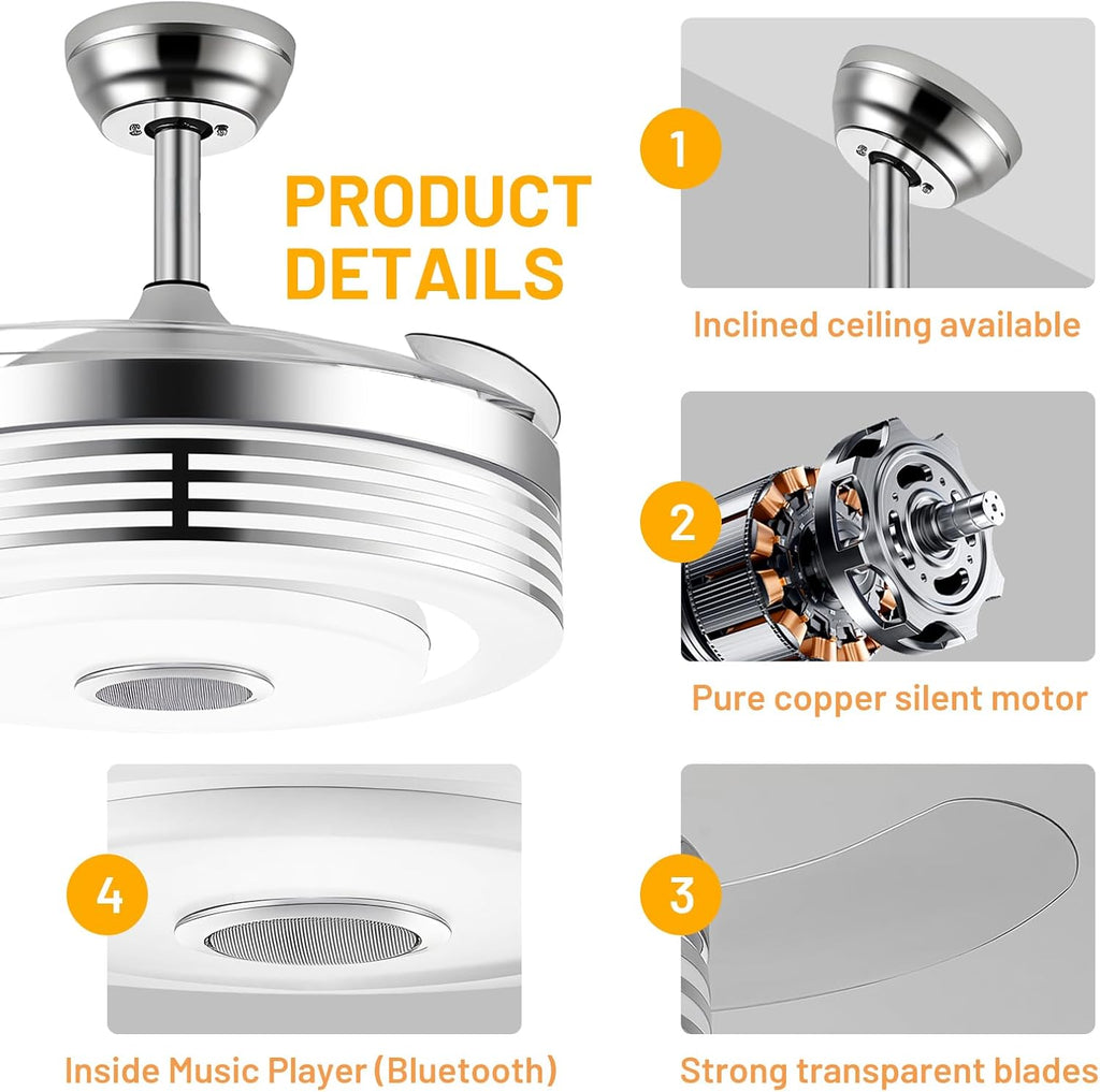 42' Modern RGB Ceiling Fan with Lights and Bluetooth Music Speaker,Color Change Motor Retractable Fandelier Ceiling Fan with Light and APP/Remote,6 Speed Silent Chandelier Fan for Bedroom Living Room