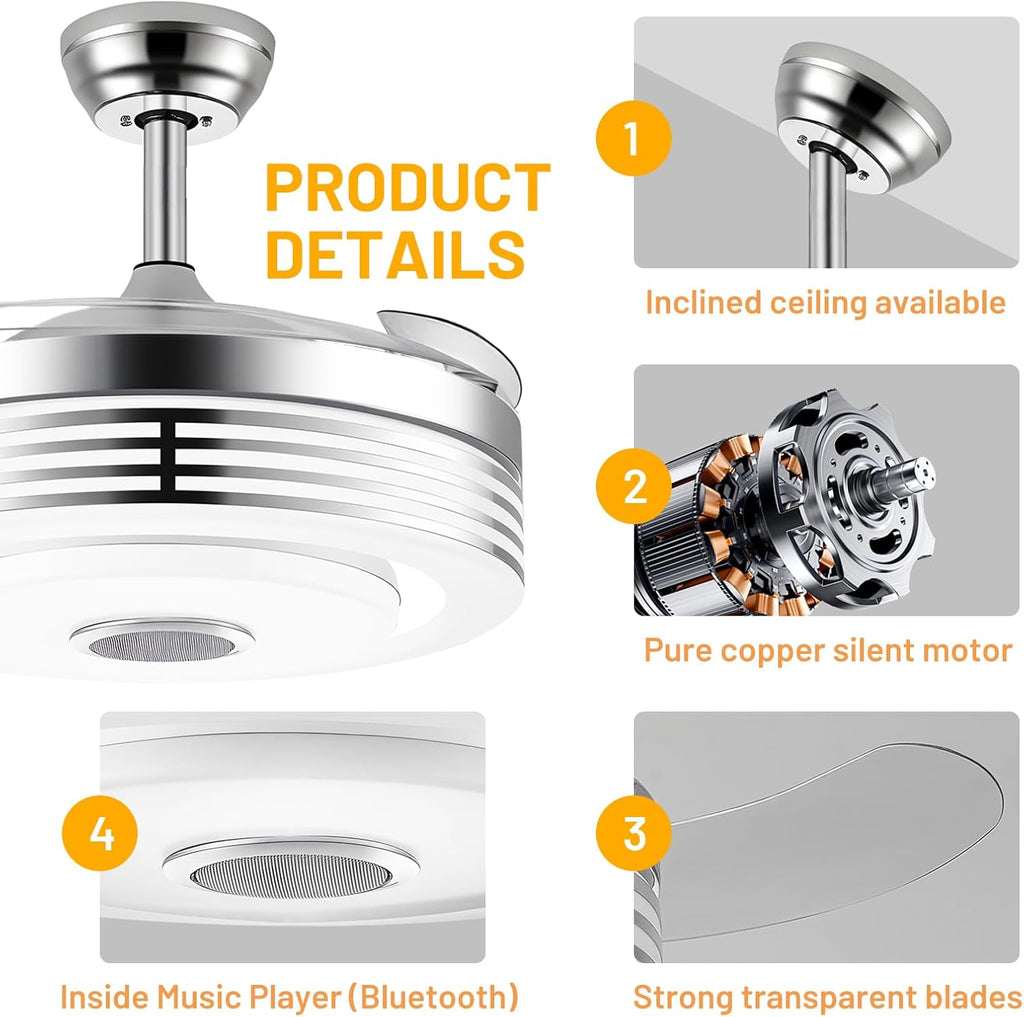 48 Inch Fandelier Ceiling Fan with Light and APP/Remote,Bluetooth RGB Ceiling Fan with Music Speaker,3 Retractable Blades 6 Speed Chandelier Fan for Bedroom Living Room Dining Room
