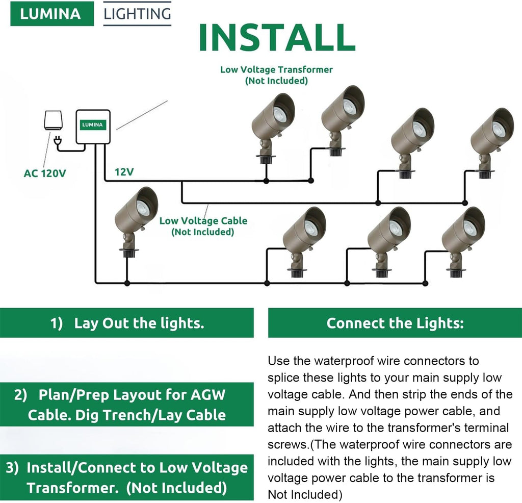 Lumina Lighting® 4W Landscape lighting 12V Landscape Lights Low Voltage Landscape Spotlights Warm White Waterproof Outdoor Replaceable LED Bulb for Garden, Lawn, Porch, Patio and Yard (Bronze, 6-Pack)