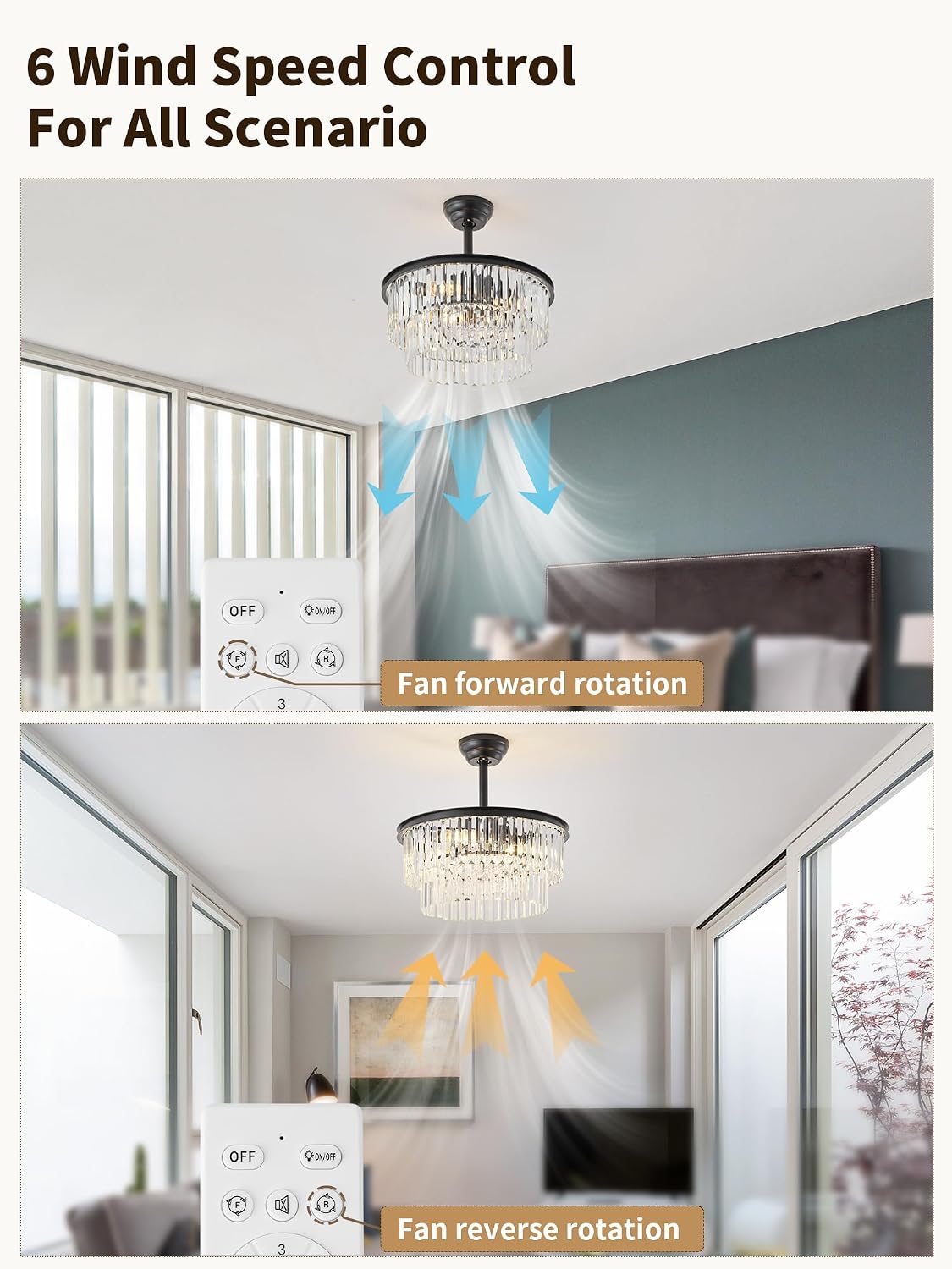 20' Black Crystal Fandelier Ceiling Fans with Lights,Farmhouse Rustic Caged Crystal Chandelier Ceiling Fan with Light Remote Control with 6 Speeds for Bedroom, Nursery, Living Room