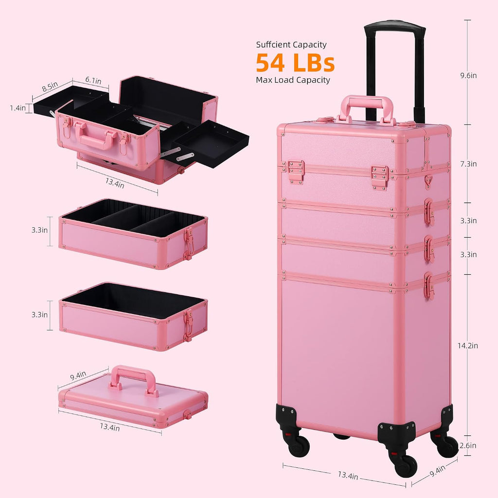 Somduy Makeup Train Case, Rolling Makeup Case with Lid, 5 in 1 Cosmetology Case on Wheels, Christmas Gift, Large Makeup Case Organizers, Profesional Cosmetic Case for Salon Barber, Pink