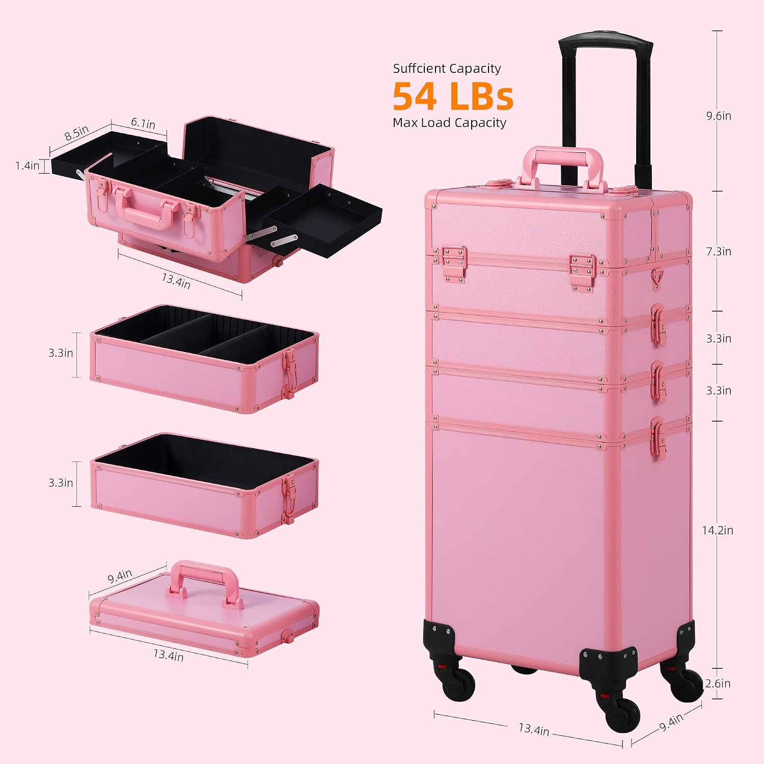 Somduy Makeup Train Case, Rolling Makeup Case with Lid, 5 in 1 Cosmetology Case on Wheels, Christmas Gift, Large Makeup Case Organizers, Profesional Cosmetic Case for Salon Barber, Pink