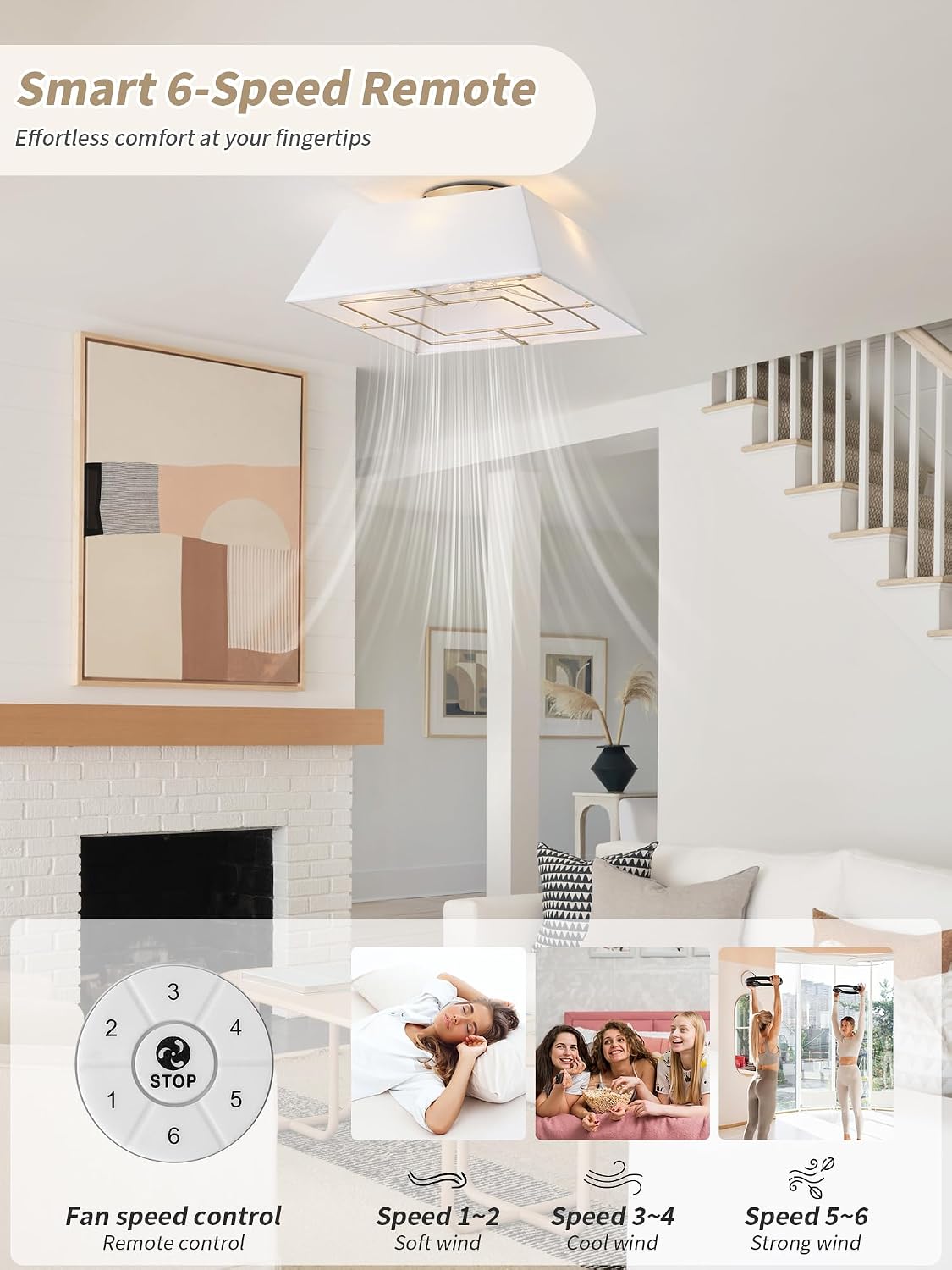 20' Boho Ceiling Fans with Lights Flush Mount, Bladeless Ceiling Fan with Light Remote Control, Square with 6 Speeds for Bedroom, Living Room, Nursery