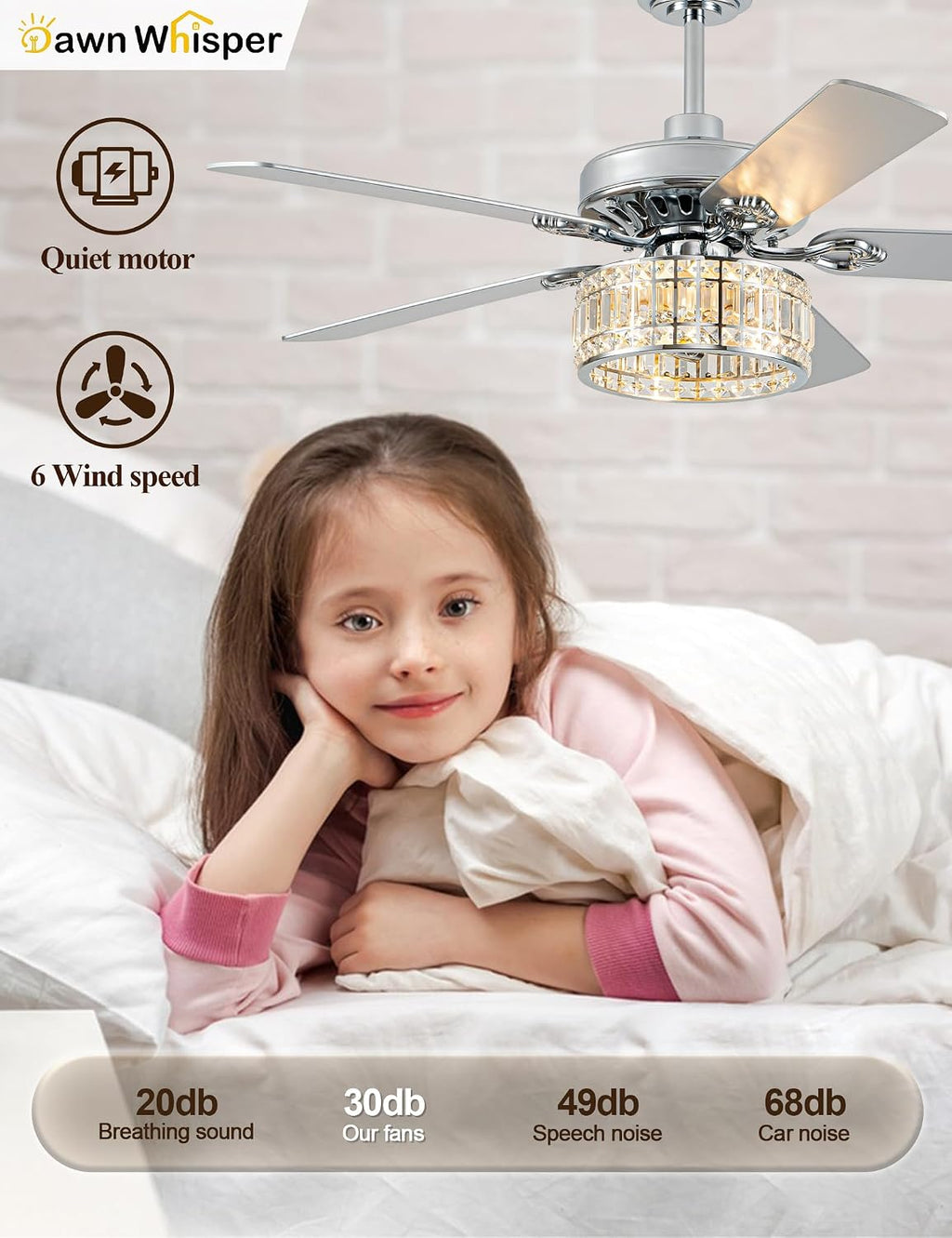 Dawn Whisper 52 Inch Modern Ceiling Fans with Lights Low Profile Fandelier Ceiling Fan with Light for Living Room Bedroom Kitchen Crystal Chandelier Fan Quiet Reversible DC Motor 6 Speeds Silver