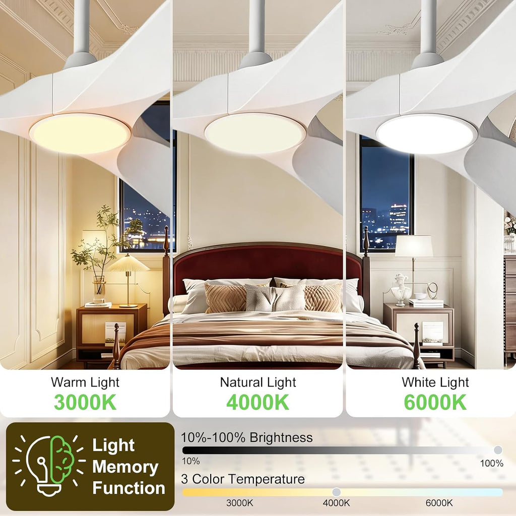 52 Inch Ceiling Fans with Lights and Remote, Wood Outdoor Ceiling Fan with 6 Speed Noiseless DC Motor, Indoor Modern 3 Blade Propeller Ceiling Fan for Bedroom Living Room Gazebo Patio (White)