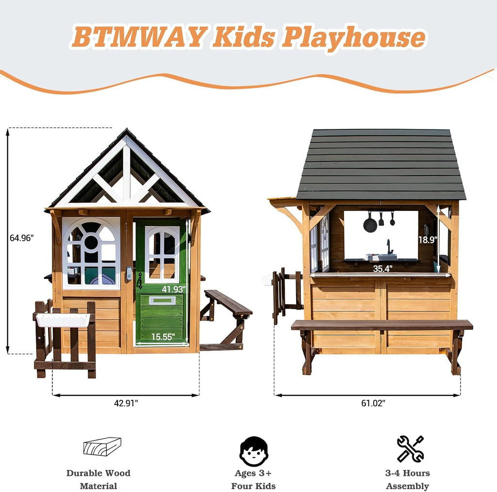 Kids Playhouse Outdoor,Cedar Gray Wooden Play House for Kids Ages 3-8,Interactive Doorbell, Kitchen Counter with Utensils, Sink, Window Boxes for Flowers (Brown)