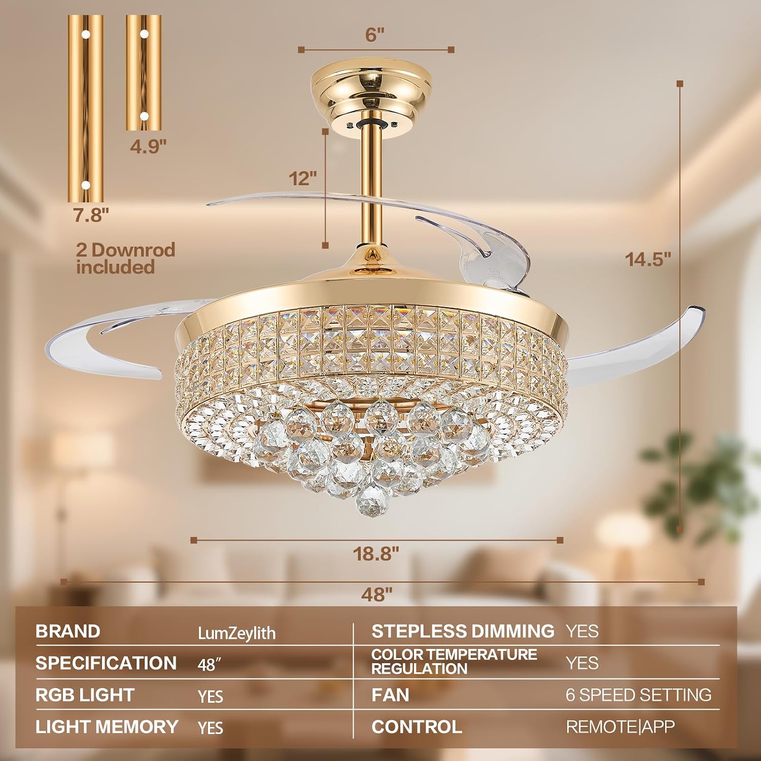RGB Bluetooth Ceiling Fan with Light & Speaker, Gold, 48in | Retractable Crystal Fandelier, Music Crystal Chandelier Fan, 6-Speed APP Remote Control, Timer