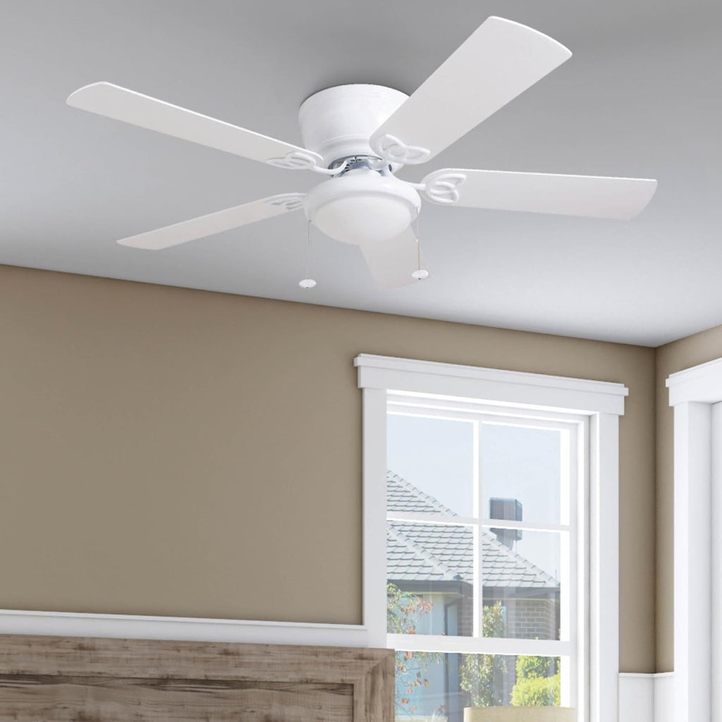 Prominence Home Benton Traditional 52 Inch Ceiling Fan with Light, LED Flush Mount Ceiling Fan, Indoor Fan with 5 Blades, White and Gray Oak Blade Finish Options, White (50852-01)