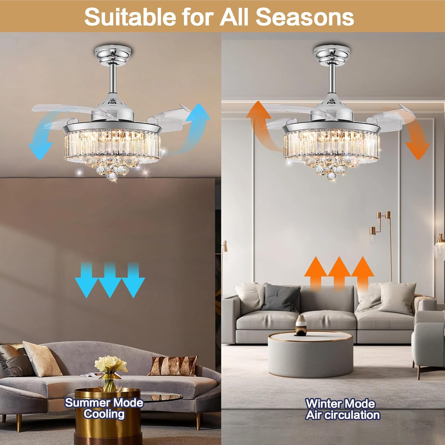 DuMaiWay 48' Chandelier Ceiling Fan with Lights, Fandelier, Retractable Crystal Ceiling Fan Chandelier with Remote Control LED Light for Bedroom Living Room Polished Chrome Silver 6 Speed 3 Light
