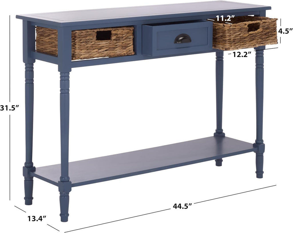 SAFAVIEH Home Collection - Christa Entryway Console Table, Blue Solid Wood 3-Drawer Storage Sofa Table with Rattan Baskets (AMH5737H)
