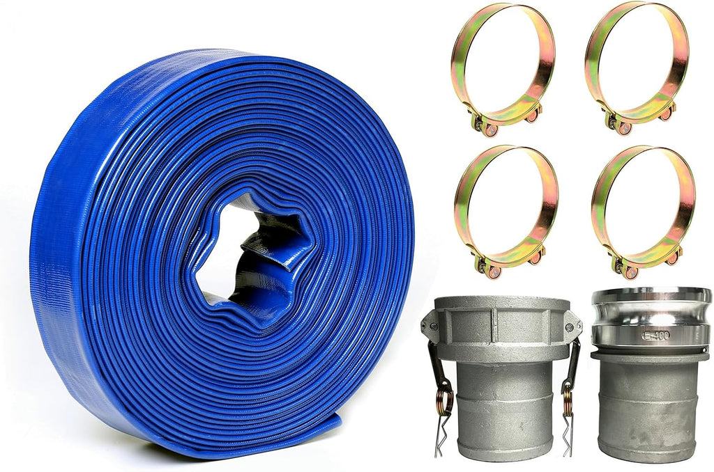 4' In Dia x 50 ft Heavy Duty Flat Lay Sump Pump Discharge and Backwash PVC Hose 4 Bar & Camlocks and Clamps