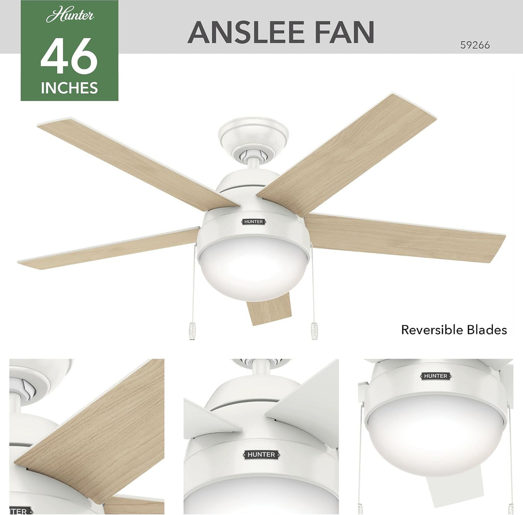 Hunter 46 inch Indoor Ceiling Fan with LED Light - White Ceiling Fan with Pull Chain, For Bedroom, Living Room, or Kitchen, Standard Mount, No Remote, 5 Blades - Anslee 59266, Fresh White