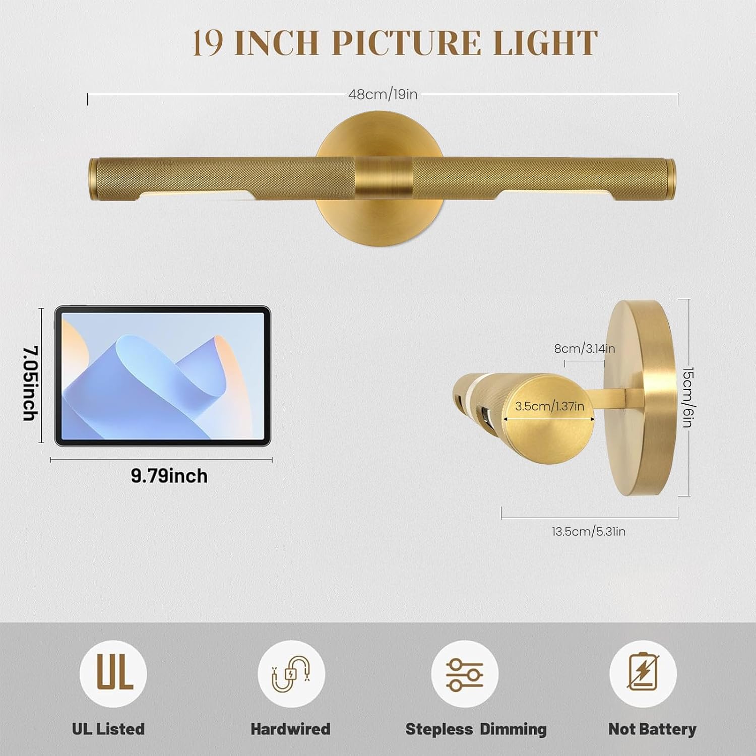 Hard-wired Knurled Picture Light, 19in Brass Picture Light for Wall, Dimmable Gold Art Lights, Rotatable 360° Sconce for Pictures Frame, Painting Wall Lights, Bathroom Wall Sconce, E12 Bulbs Included