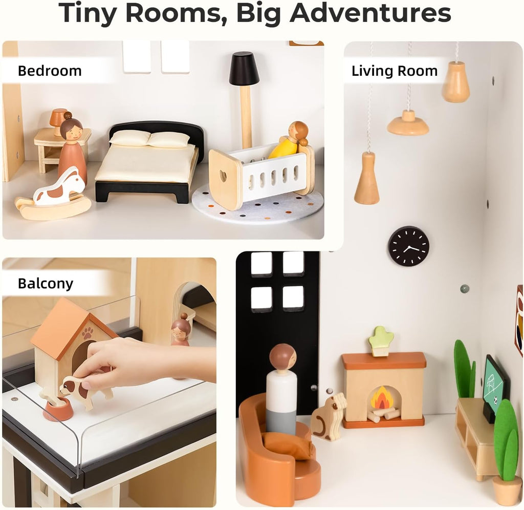 OOOK Wooden Dollhouse, Modern Doll House with 66Pcs Luxurious Furniture Accessories, Including Dolls and Pet Sets, Wood Dollhouse Toy for Boys and Girls 3+