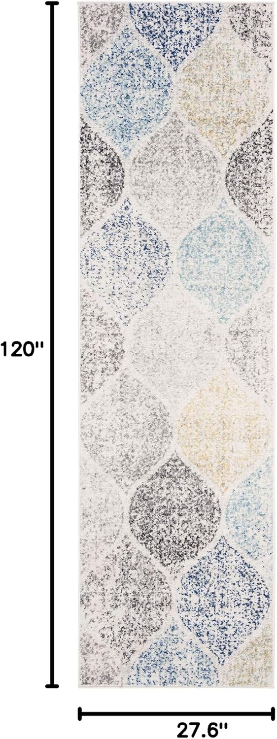 SAFAVIEH Madison Collection Runner Rug - 2'3' x 10', Ivory & Blue, Glam Ogee Trellis Distressed Design, Non-Shedding & Easy Care, Ideal for High Traffic Areas in Living Room, Bedroom (MAD604D)