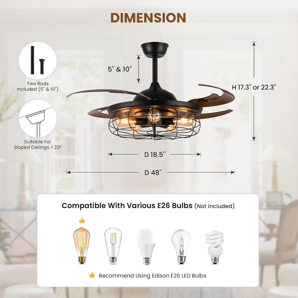Siljoy Retractable Ceiling Fan with Lights Black Industrial Caged Ceiling Fan with Remote Controller Farmhouse Chandelier Fan with Lights for Living Room Bedroom Patio (48 Inches, 5 Lights)