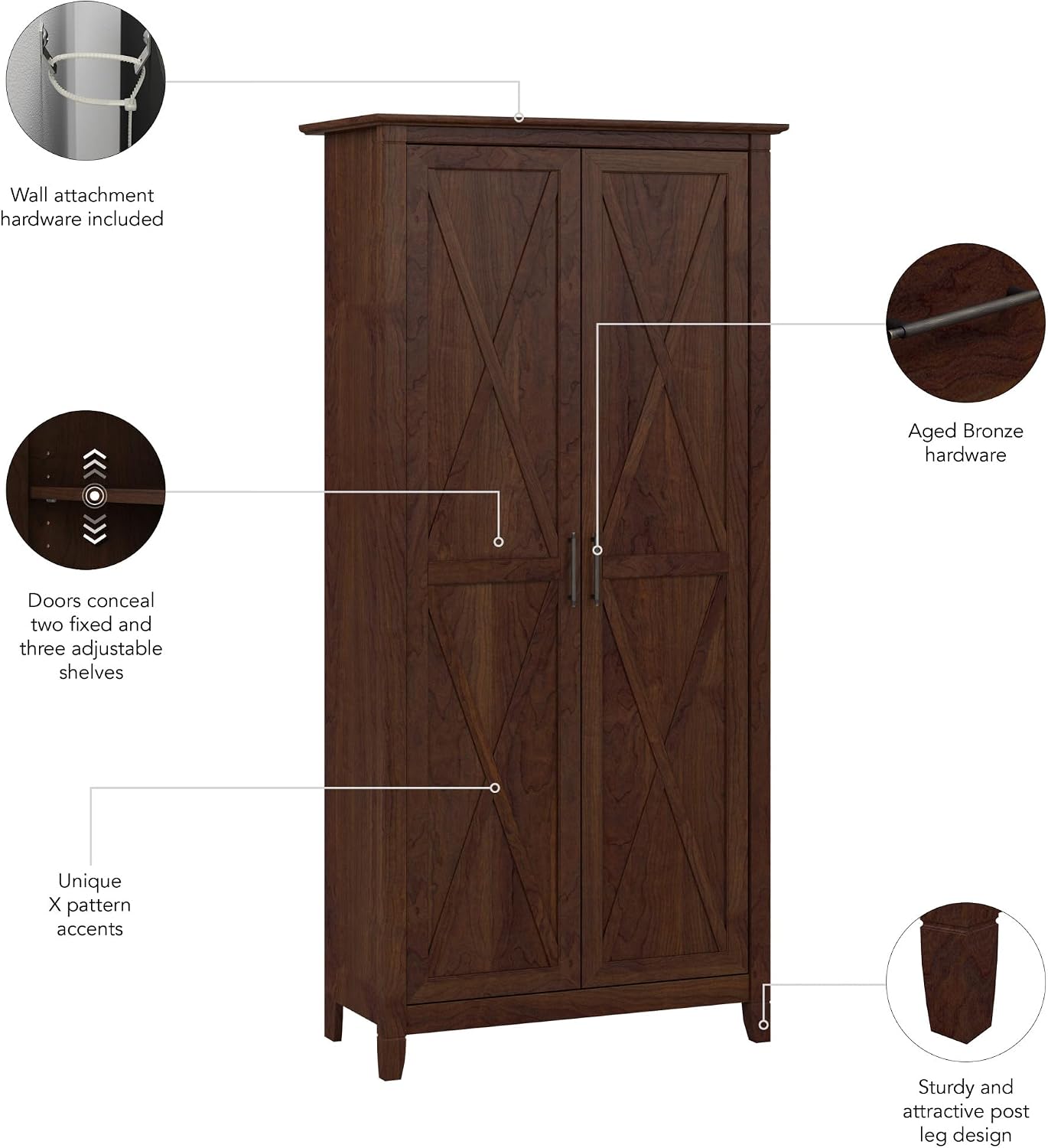 Bush Home Key West Tall Storage Cabinet with Doors in Bing Cherry