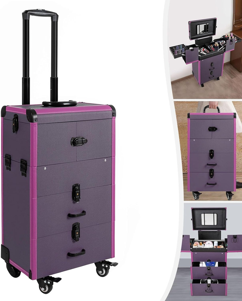 Professional Rolling Makeup Case Train Case Portable Cosmetic Organizer Trolley Lockable Rolling Make-ups Case Storage Cart Makeup Train Case Cosmetology Case On Wheels (Purple|4 trays)