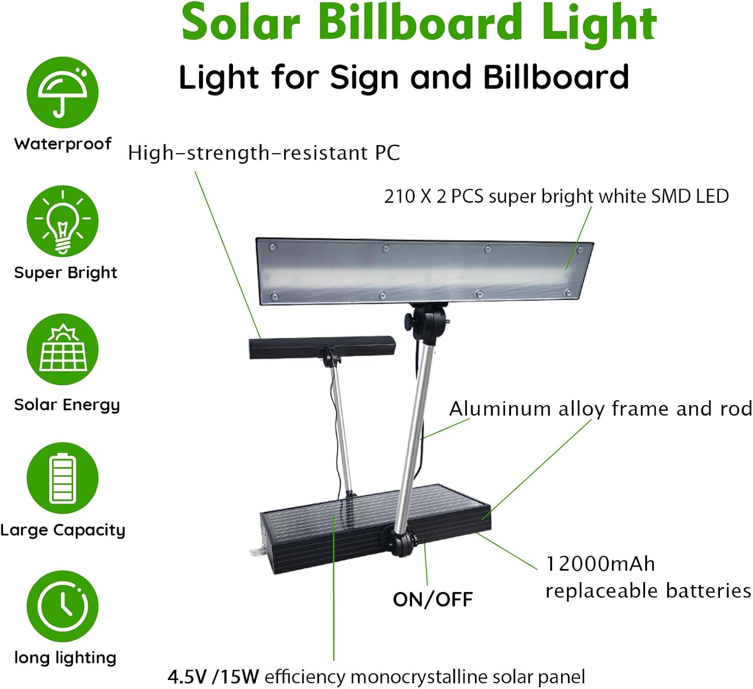 Solar Sign Lights Outdoor, 420 LEDs 2600 Lumen Billboard Lights, 12000 mAh Solar Sign Light, IP65 Waterproof Outdoor Sign Lighting, Commercial Lights Solar Powered for Real Estate Signs, Business,