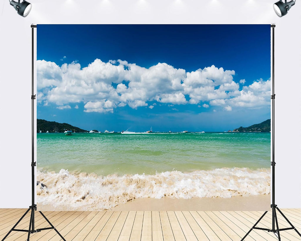 Trykid 20x10ft Crystal Clear Ocean Backdrop White Sand Beach Foamy Waves Bright Blue Sky Photography Background Summer Getaway Party Decoration Tapestry Photo Booth Studio Prop Fabric