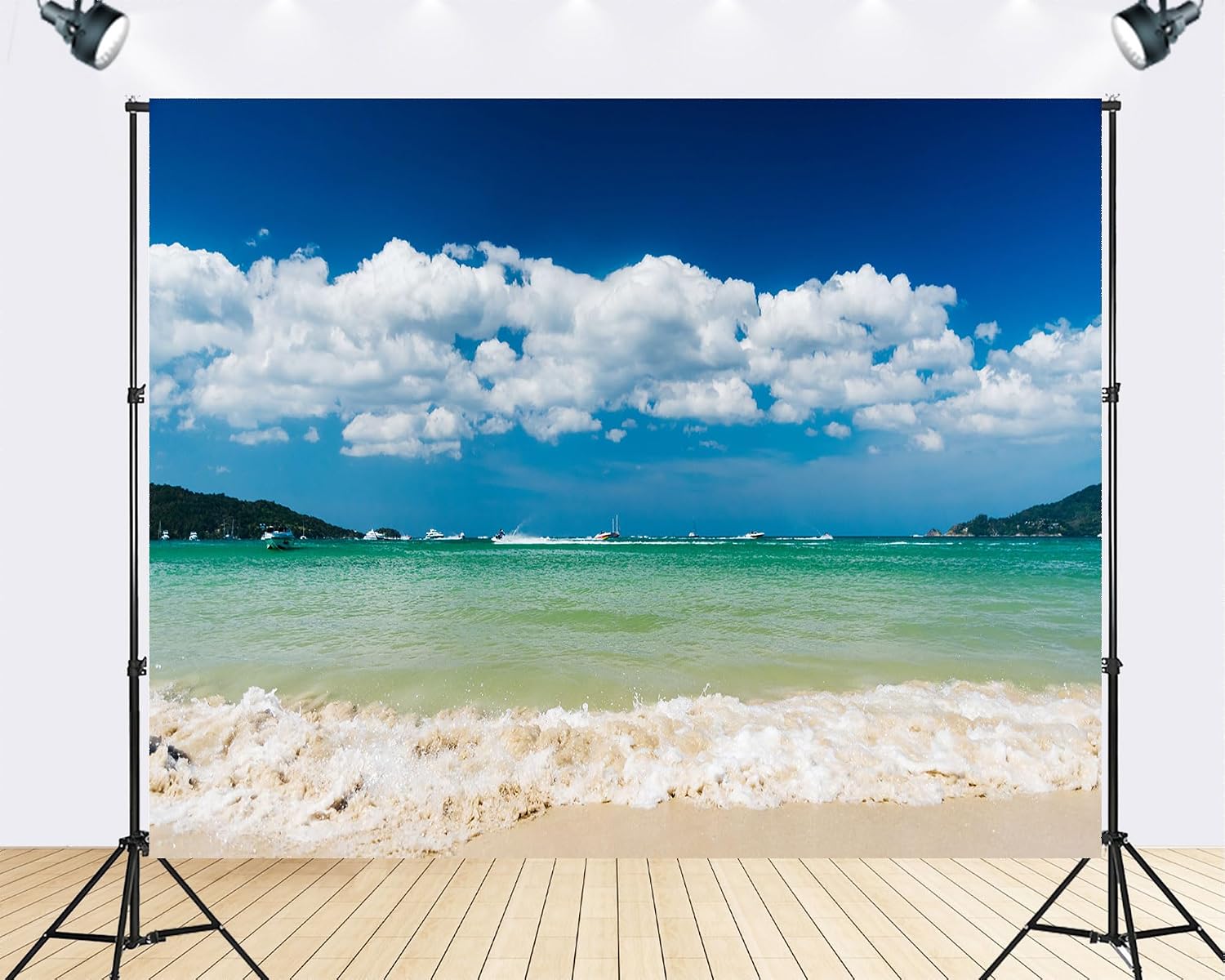 Trykid 20x10ft Crystal Clear Ocean Backdrop White Sand Beach Foamy Waves Bright Blue Sky Photography Background Summer Getaway Party Decoration Tapestry Photo Booth Studio Prop Fabric