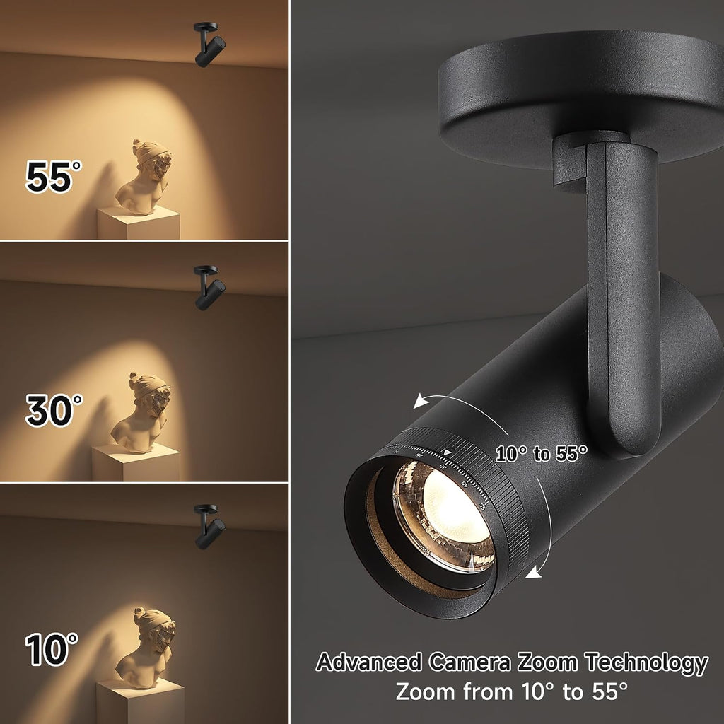 12W LED Dimmable Zoomable Ceiling Spotlight Indoor – Adjustable Wall Surface Mount Accent Spot Light for Home Pitcure, Painting, Plants & Artwork | Warm White 3000K CRI 97, Black 4 Packs