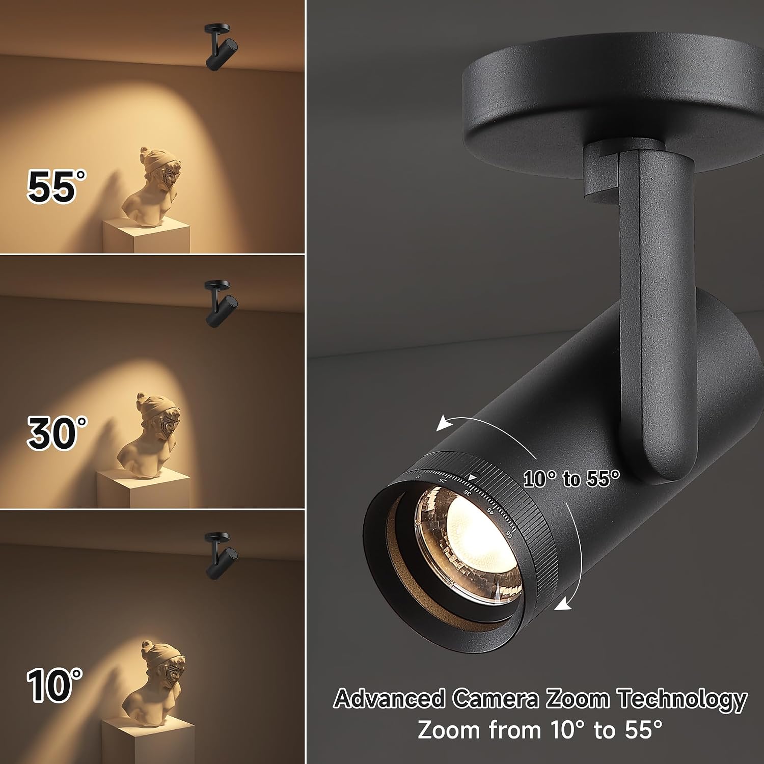 12W LED Dimmable Zoomable Ceiling Spotlight Indoor – Adjustable Wall Surface Mount Accent Spot Light for Home Pitcure, Painting, Plants & Artwork | Warm White 3000K CRI 97, Black 4 Packs