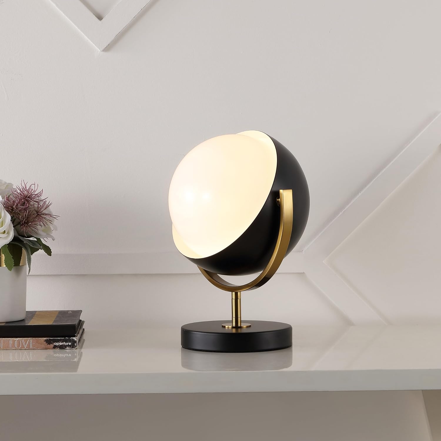 JONATHAN Y 12' Black/Brass Gold Adjustable Orb LED Floor Spotlight, Vintage Mid-Century Modern Iron Table Lamp for Living Room and Bedroom, LED Bulb Included JYL6019A