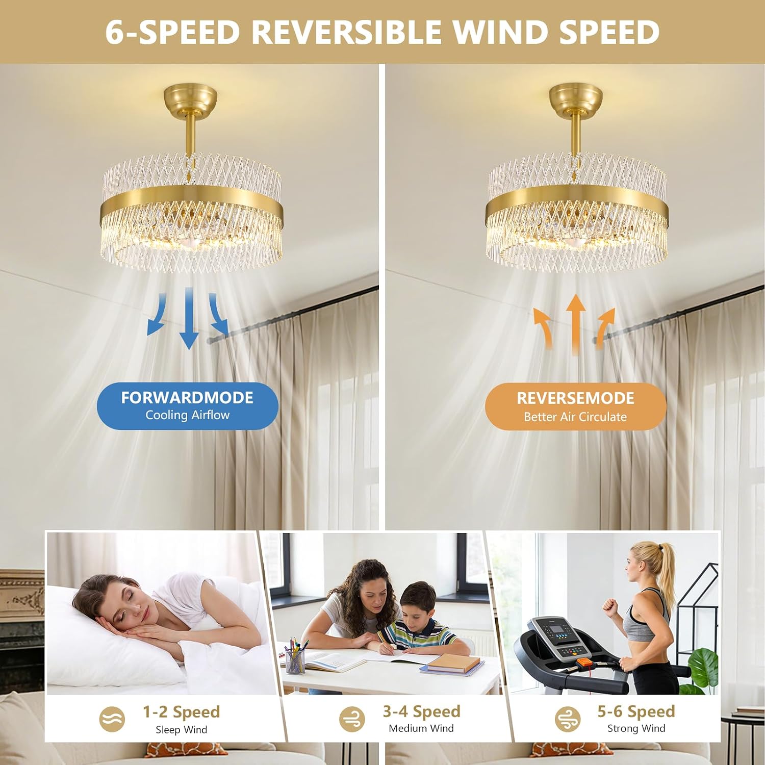 NOXARTE 20 Inch Fandelier Ceiling Fans with Light, Crystal Chandelier Fan, Gold Ceiling Fan with Remote, Modern Fandelier with 6 Reverse Speed, 3CCT, Dimmable, Timer for Bedroom,Living Room
