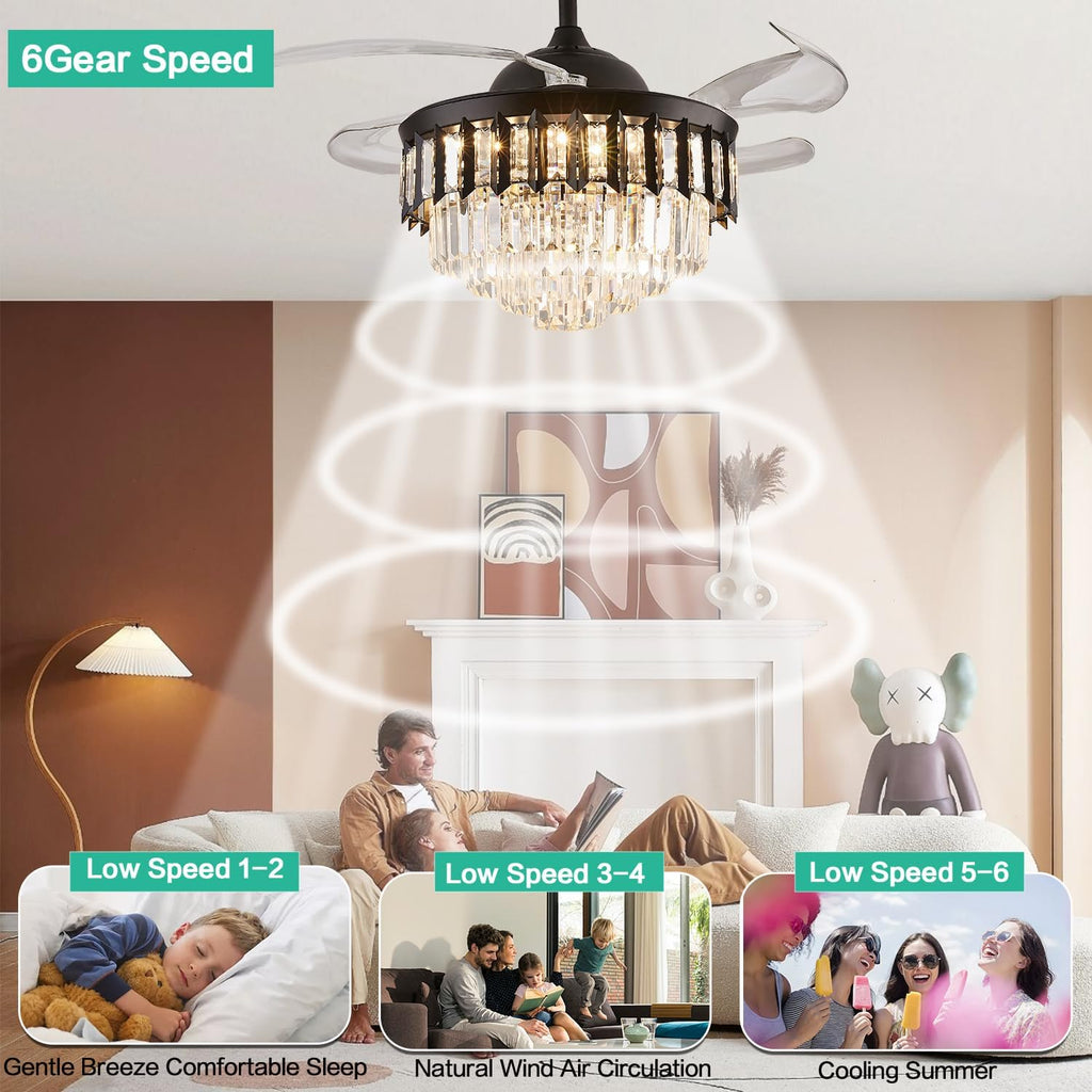 42' Dimmable Black Fandelier Ceiling Fans with Lights and Remote Modern Retractable Blade Crystal Chandelier Ceiling Fan with Lights for Bedroom Dinning Room Living Room