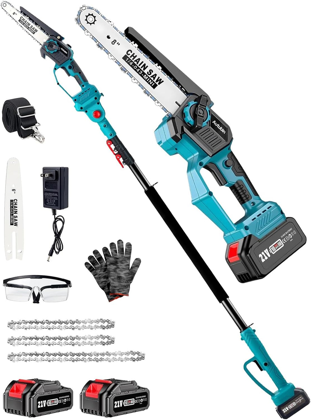 8 & 6 Inch Electric Pole Saw for Tree Trimming, 2-in-1 Mini Chainsaw and Pole Saw, 2x4000mAh Battery Powered, 16 ft Reach,Auto Oiling,Tool-Free Tensioning,Fathers Day Yard Gift