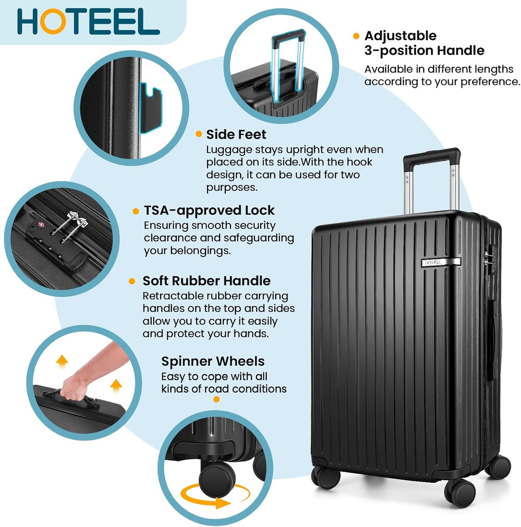 Hoteel Luggage Sets 3 Piece ABS+PC Hardside, 4-Year Warranty, Luggage Set with Spinner Wheels, TSA Lock, Lightweight Carry on Luggage, 20' Suitcase with Duffel & Organizer, Black