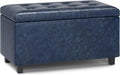 SIMPLIHOME Cosmopolitan Storage Ottoman - 34 inch Wide Upholstered Vegan Leather Rectangle Storage Ottoman Bench in Denim Blue, Transitional Tufted Ottoman for Living Room or Entryway with Lift-Up Lid