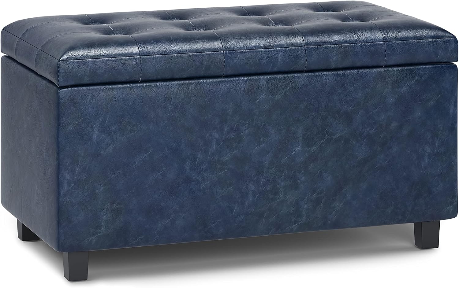SIMPLIHOME Cosmopolitan Storage Ottoman - 34 inch Wide Upholstered Vegan Leather Rectangle Storage Ottoman Bench in Denim Blue, Transitional Tufted Ottoman for Living Room or Entryway with Lift-Up Lid