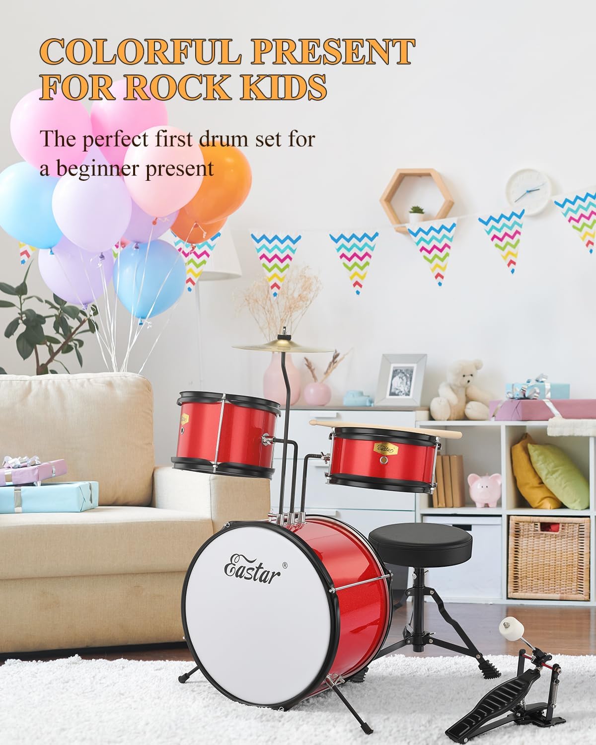 Eastar Drum Set for Kids and Beginners, 3-Piece 14'' Drum Kit with Adjustable Throne, Cymbal, Pedal & Two Pairs of Drumsticks, Junior Drum Set with Bass Tom Snare Drum, Metallic Red