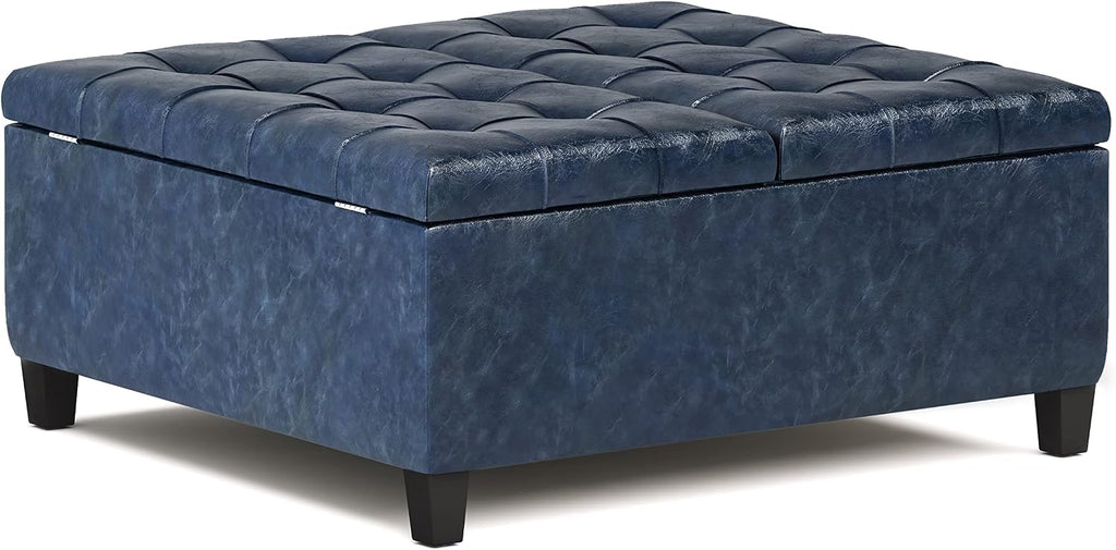 SIMPLIHOME Harrison Coffee Table Storage Ottoman - 36 inch Wide Upholstered Vegan Leather Square Lift-Top Ottoman in Denim Blue, Transitional Ottoman for Living Room with Hidden Storage