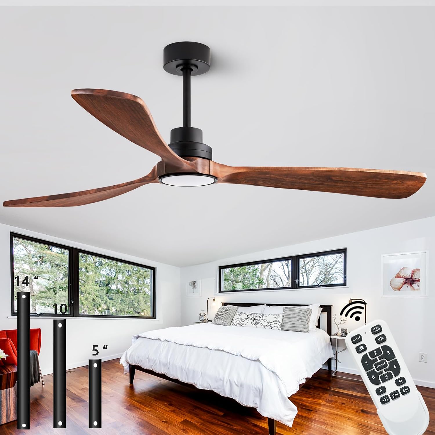 60' Ceiling Fans with Lights with Remote Control, Indoor Outdoor Wooden Ceiling Fan with 3 Wooden Blades for Patio, Living Room, Office, Farmhouse, etc. (Black + Walnut)…