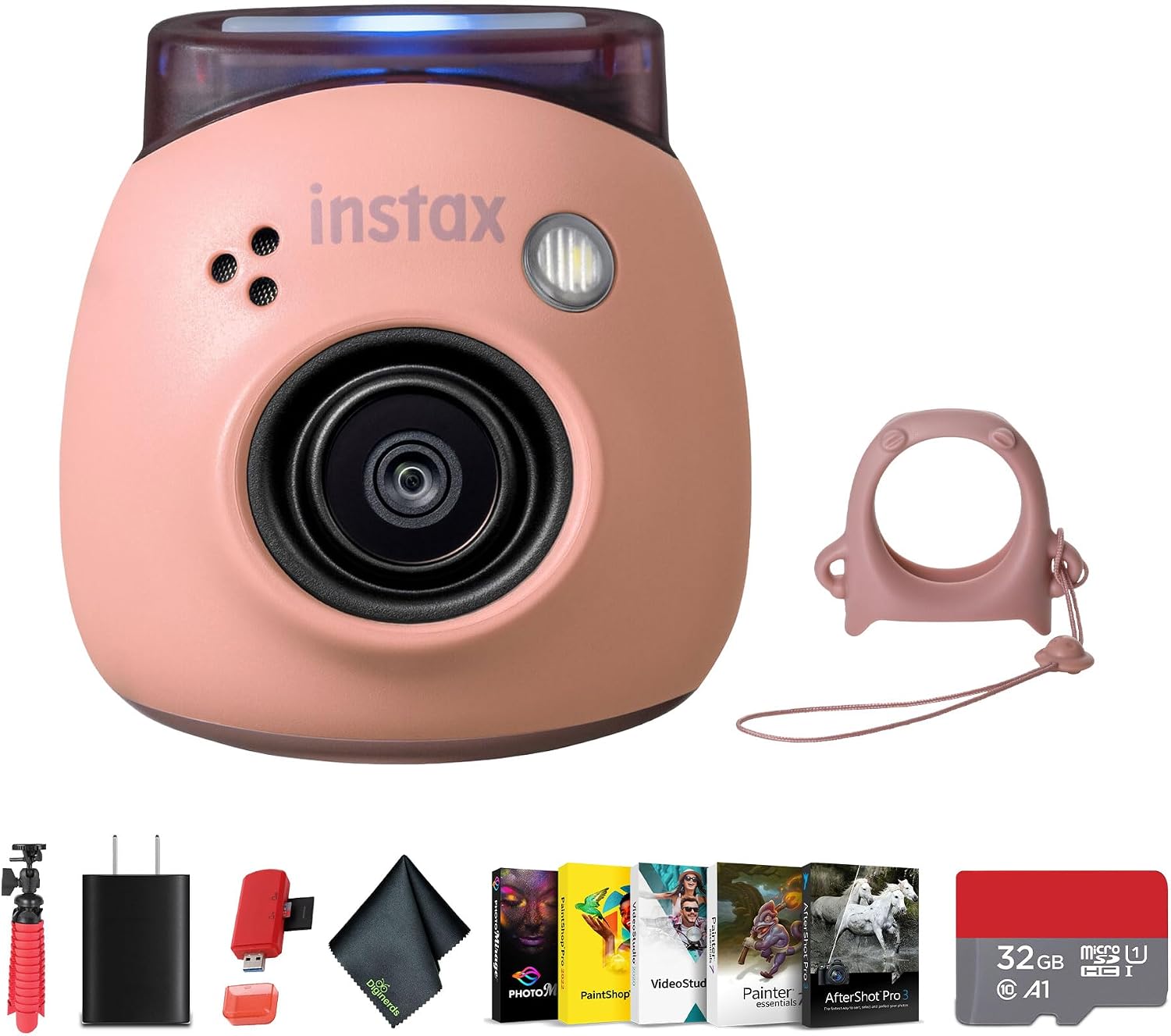 FUJIFILM INSTAX PAL Digital Camera (Powder Pink) Bundle with 12 inch Flexible Tripod + Memory Card Wallet + USB Card Reader + Microfiber Cleaning Cloth