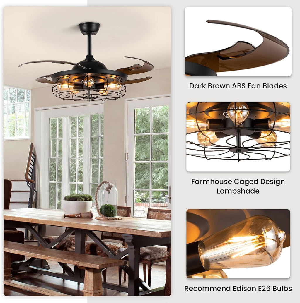Siljoy Retractable Ceiling Fan with Lights Black Industrial Caged Ceiling Fan with Remote Controller Farmhouse Chandelier Fan with Lights for Living Room Bedroom Patio (48 Inches, 5 Lights)