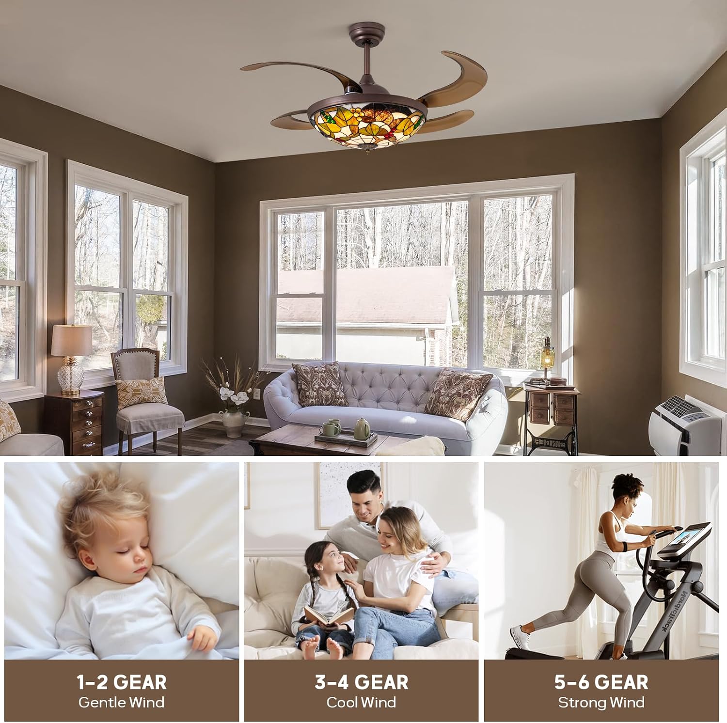 48' Tiffany Ceiling Fan with Light Colorful Fandelier Vintage Chandelier Fan 48 Inch Stained Glass Ceiling Fan Retractable Blades Vintage Fandelier with Tiffany Light for Bedroom Living Room