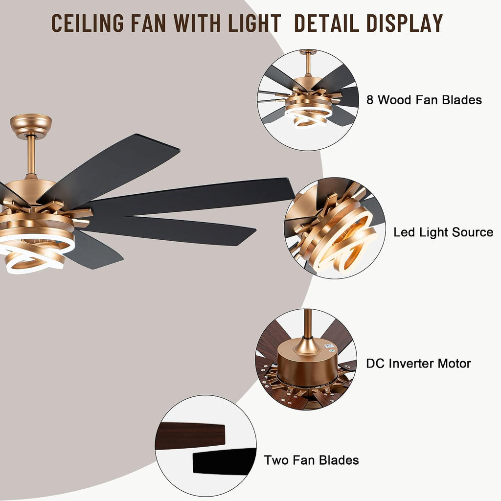 72'' Large Ceiling Fans with Lights and Remote, Indoor/Outdoor Gold Chandelier Fan with DIY Rings LED,Fandelier Ceiling Fans with Lights for Living Room/Porch/Patio