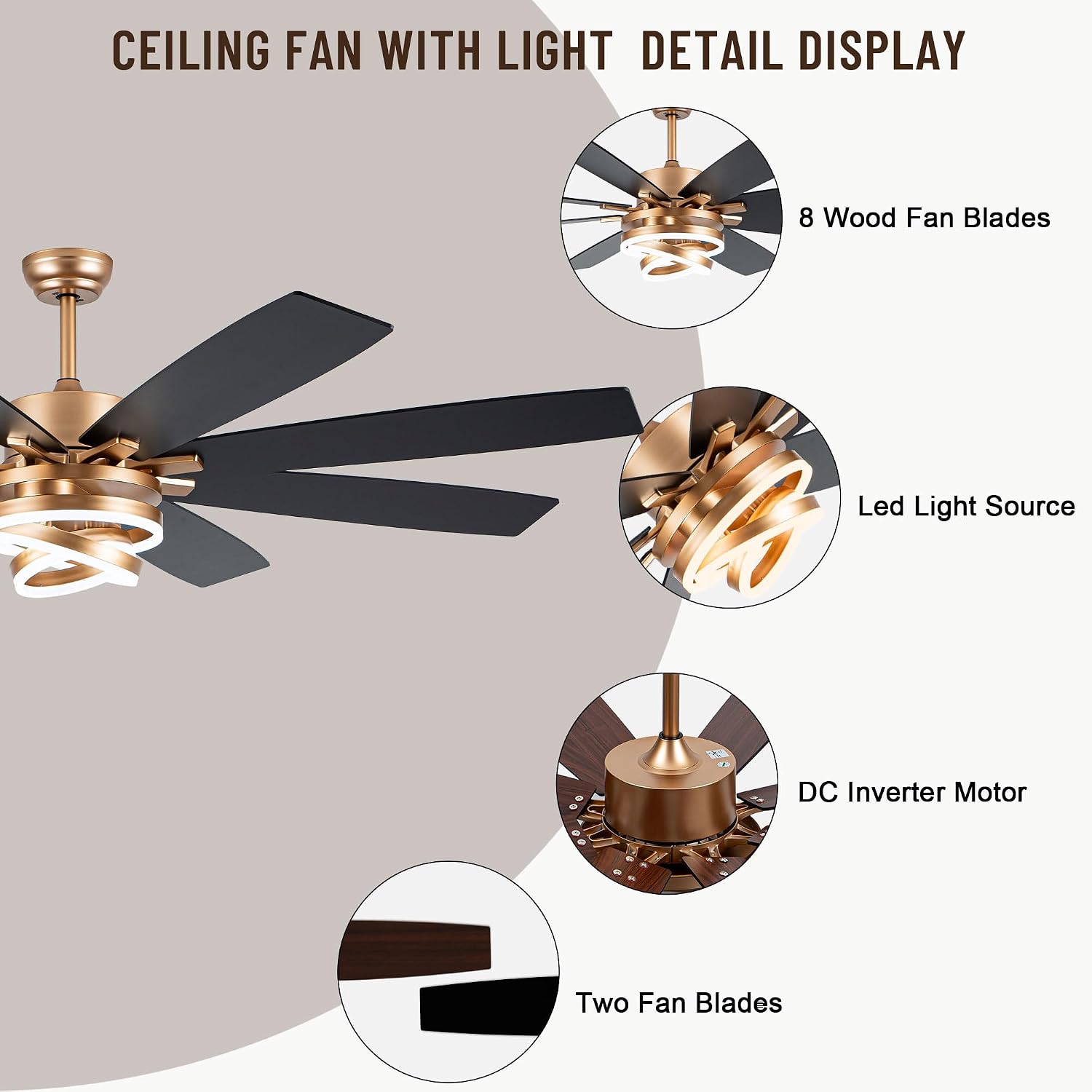 72'' Large Ceiling Fans with Lights and Remote, Indoor/Outdoor Gold Chandelier Fan with DIY Rings LED,Fandelier Ceiling Fans with Lights for Living Room/Porch/Patio
