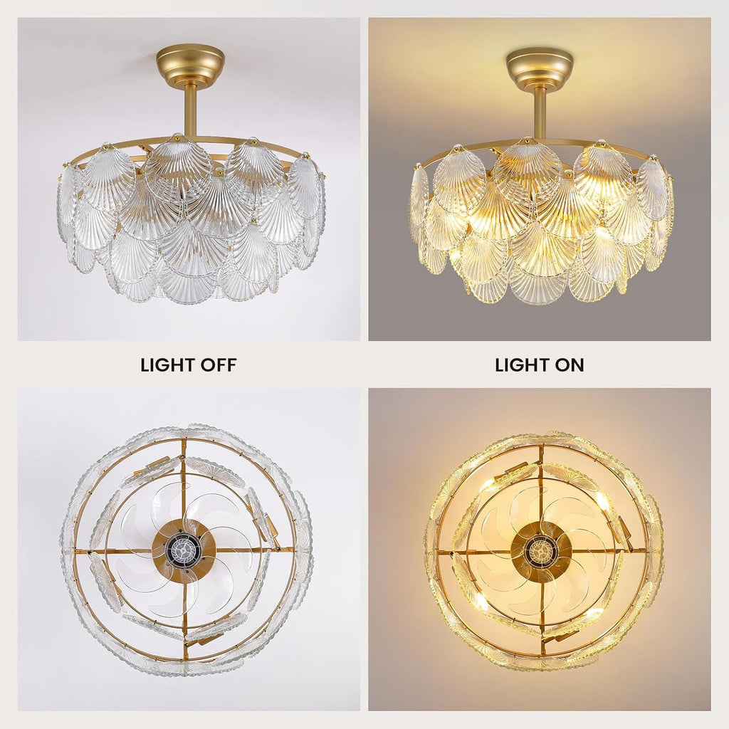NOXARTE 22 Inch Crystal Ceiling Fan with Light, Multi-Tier Shell Cloud Glass Metal Caged Ceiling Fan Remote Control Modern Gold Fandelier Reverse Motor 6 Speeds Chandelier Fan for Living Room Bedroom