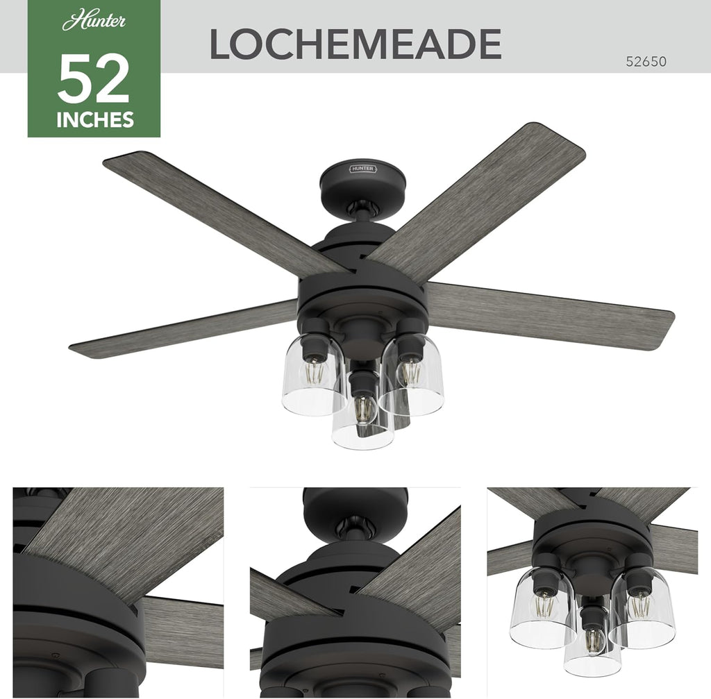 Hunter - Lochemeade 52-inch Indoor Matte Black Ceiling Fan with Dimmable LED Light Kit, Remote, 3-speed WhisperWind Motor, 52650