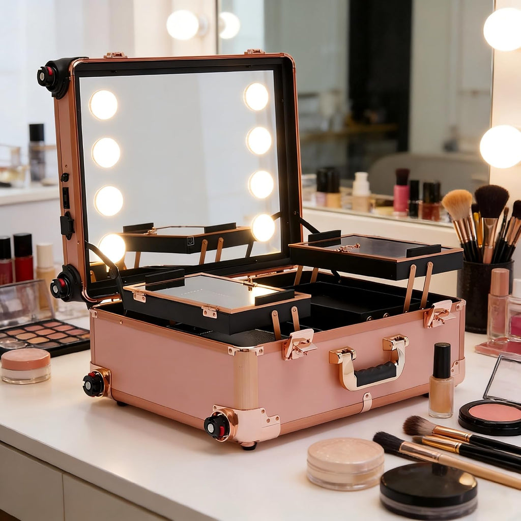 Rolling Makeup Case with LED Mirror & 3 Light Colors, 22'' Aluminum Trolley Makeup Train Case with Reinforced Lock, Cosmetic Organizer Case for Hairstylist (Rose Gold)